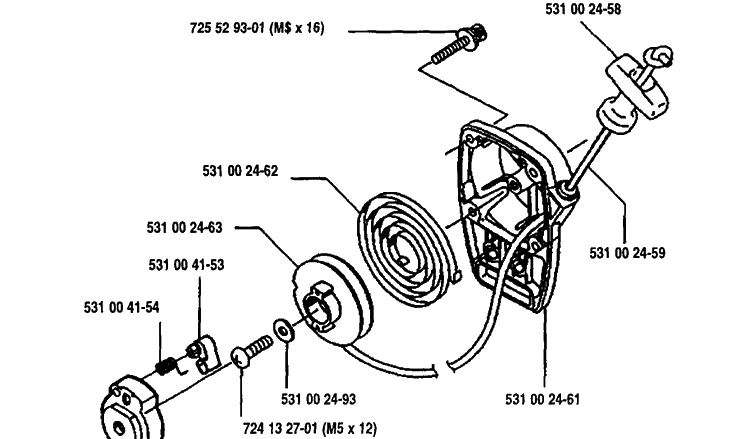 Starter Assembly Diagram and Parts List for 125L 1993-04 Husqvarna Trimmer