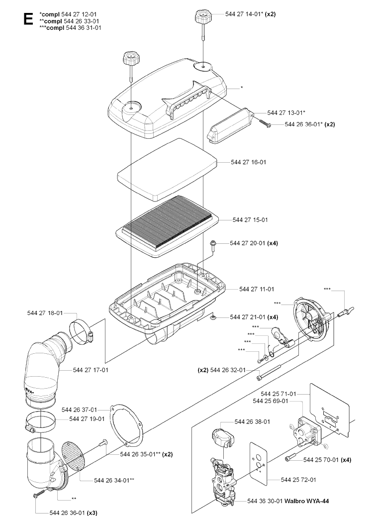 Carburetor And Air Filter Diagram and Parts List for 170BT 20061000001-20084000000 Husqvarna Leaf Blower / Vacuum
