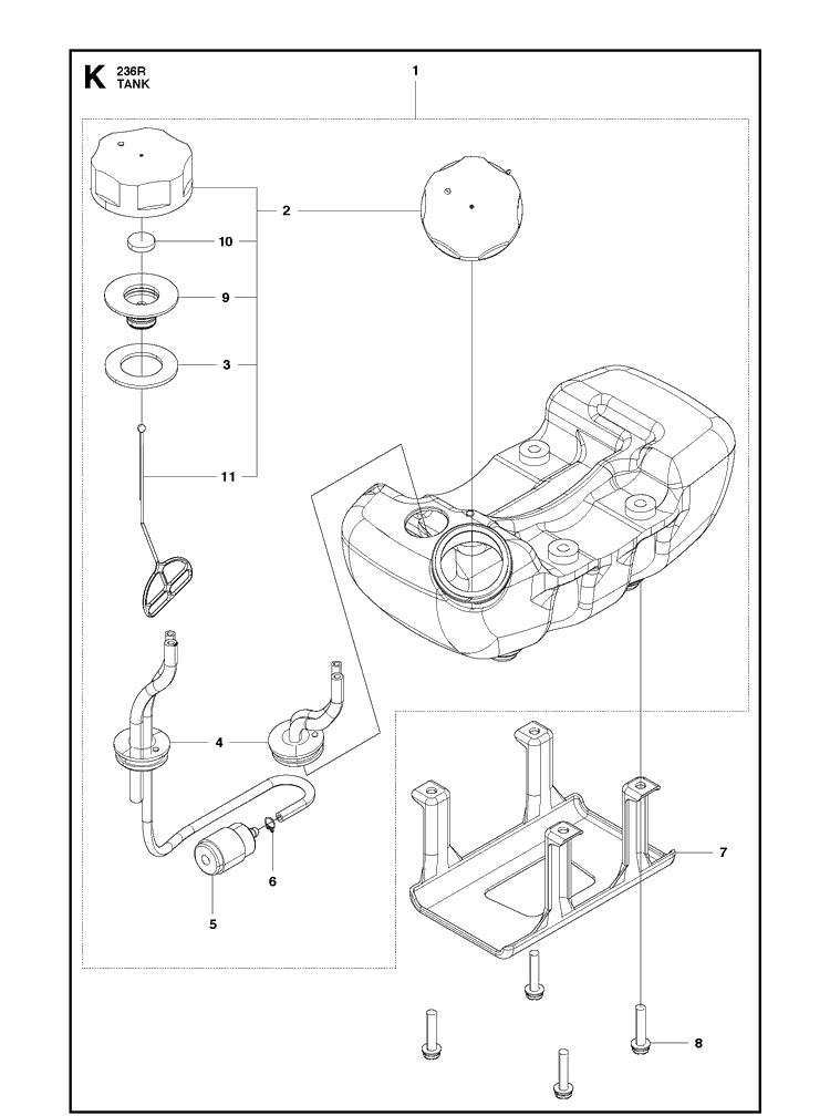 Fuel Tank 2 Diagram and Parts List for 236R  Husqvarna Brush Cutter