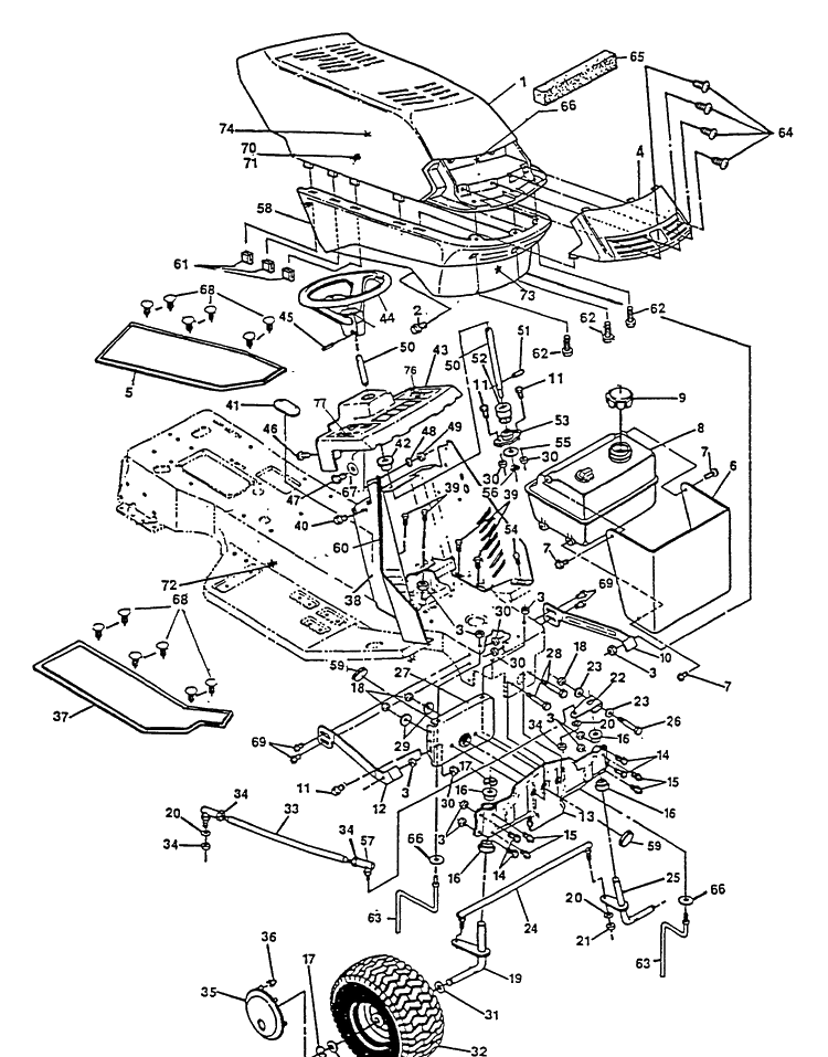 Hood/Front End Diagram and Parts List for 4125G 1991-01 Husqvarna Lawn Mower