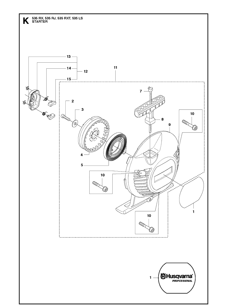 Starter Diagram and Parts List for 535RJ  Husqvarna Brush Cutter