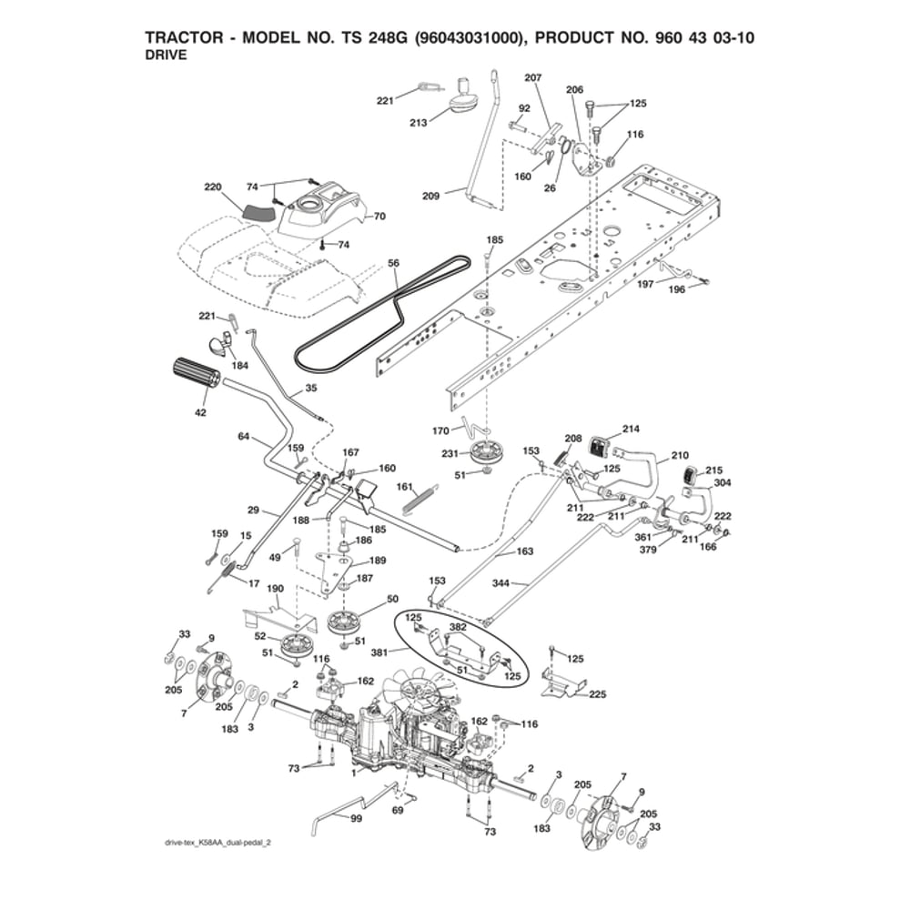 Drive Diagram and Parts List for 96043031000  Husqvarna Lawn Tractor