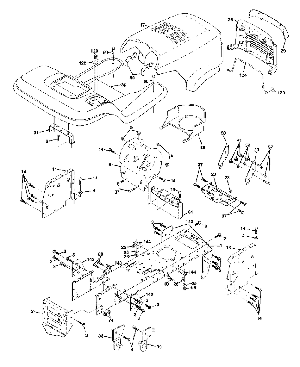 Chassis And Enclosures Diagram and Parts List for LT130 (954140004-A)(1997-12) Husqvarna Lawn Tractor