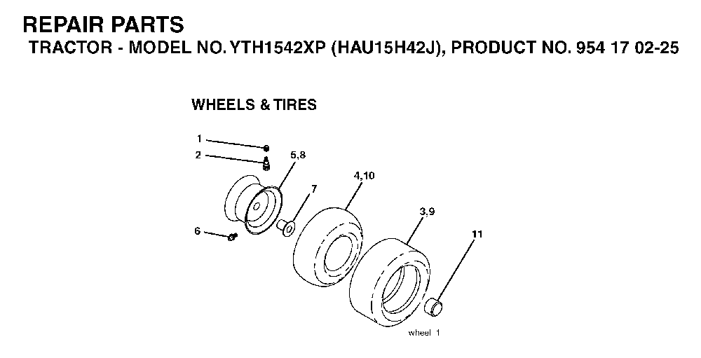 Wheels And Tires Diagram and Parts List for YTH1542XP (HAU15H42J, 954170225)(2004-09) Husqvarna Lawn Tractor