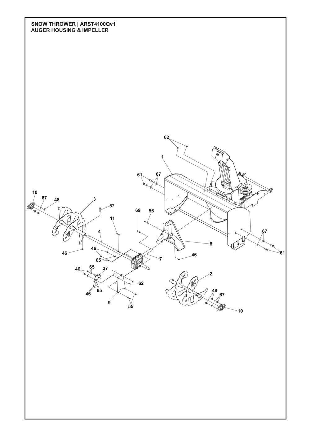 Auger Housing And Impeller Diagram and Parts List for ARST4100QV1  Husqvarna Lawn Tractor Accessories