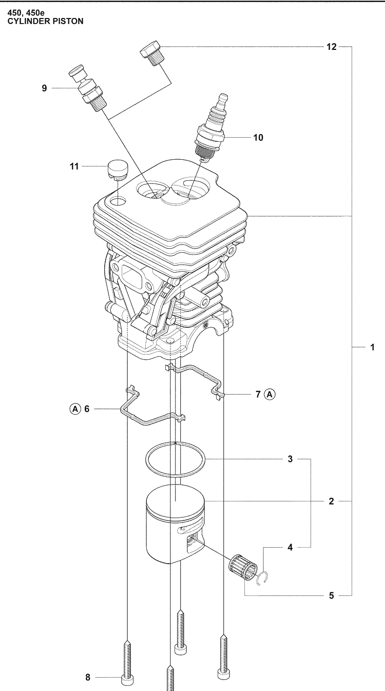 Cylinder Piston Diagram and Parts List for 450E 2009-02 Husqvarna Chainsaw