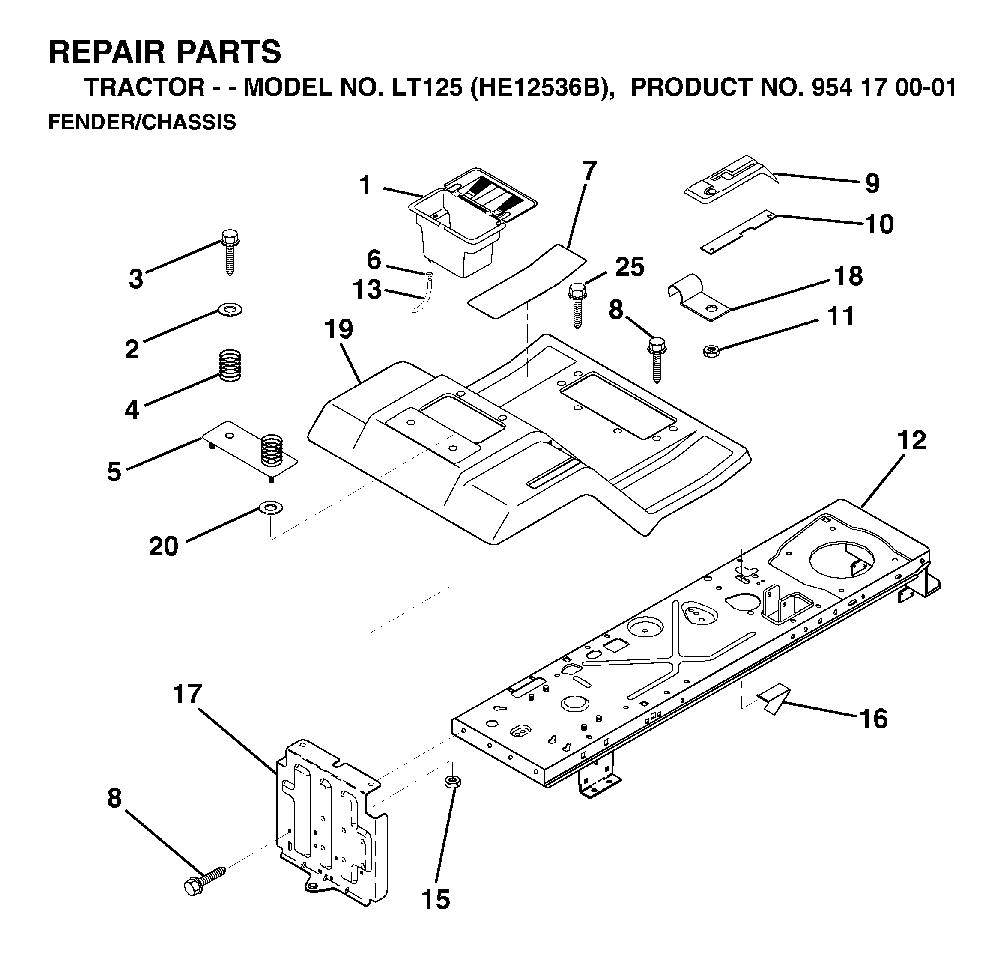 Chassis / Frame Diagram and Parts List for LT125 (HE12536B, 954170001)(1996-10) Husqvarna Lawn Tractor