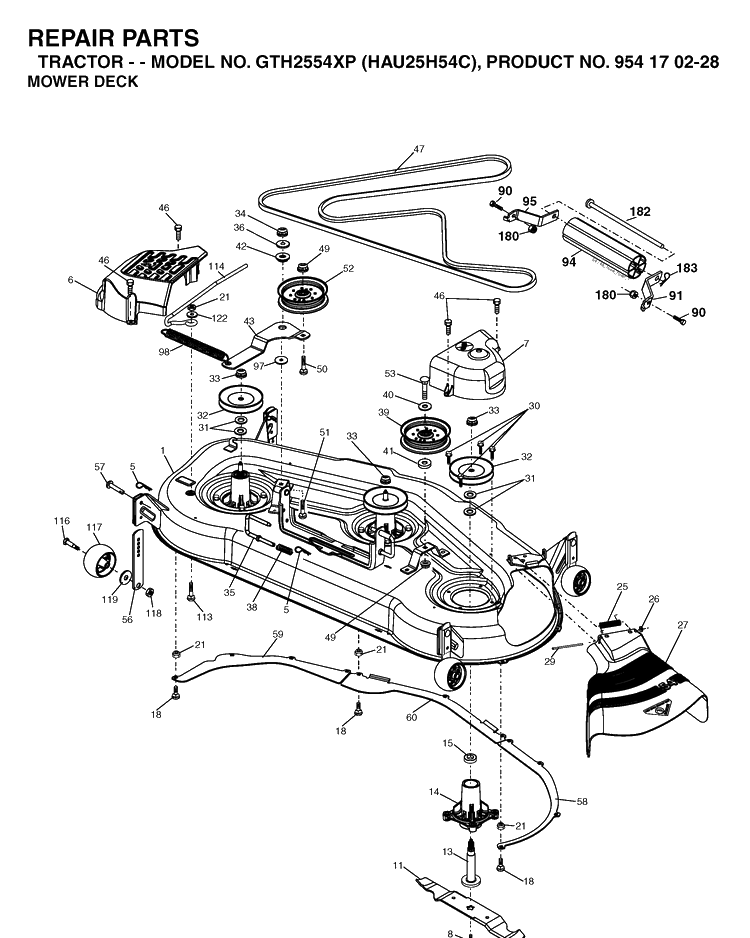 Mower Deck / Cutting Deck Diagram and Parts List for GTH2554XP (HAU25H54C)(2005-04) Husqvarna Lawn Tractor