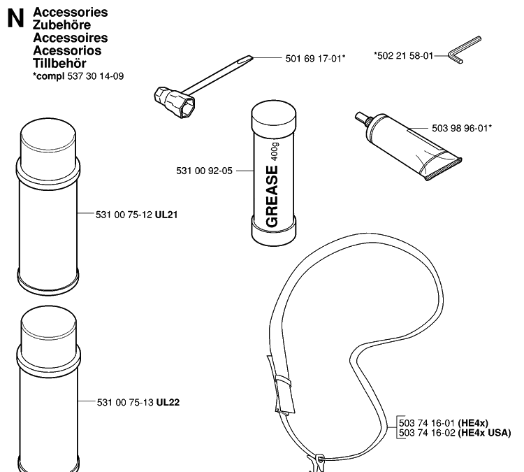 Accessories Diagram and Parts List for HA110 20040100001-20054000000 Husqvarna Hedge Trimmer