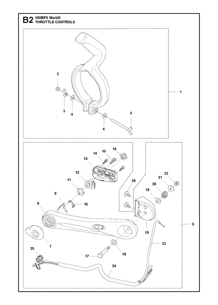 Throttle Controls Diagram and Parts List for 580BFS-BTS Mark III Husqvarna Leaf Blower / Vacuum