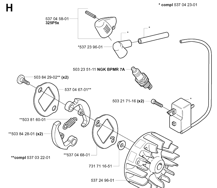 Ignition System And Clutch Diagram and Parts List for 325P 20042300001-20062999999 Husqvarna Pole Saw