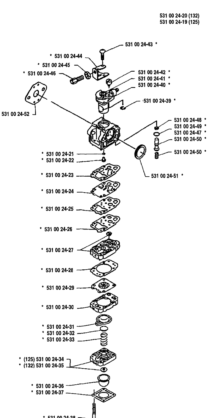 Carburetor Parts Diagram and Parts List for 125L 1992-01 Husqvarna Trimmer