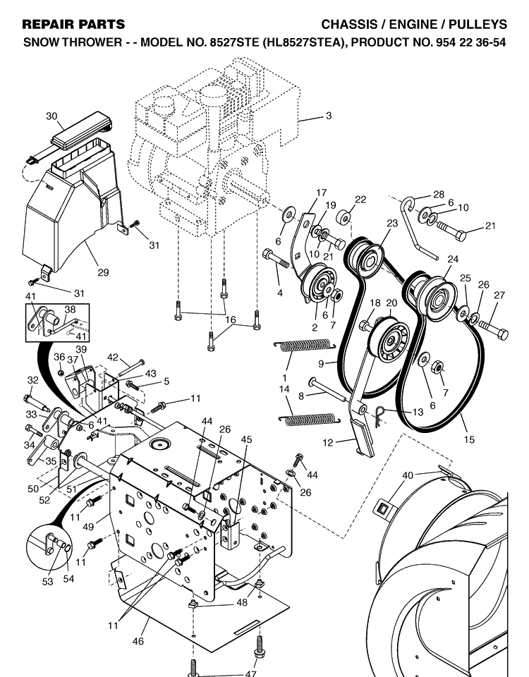 Chassis, Engine And Pulleys Diagram and Parts List for 8527STE (HL8527STEA)(2004-03) Husqvarna Snow Blower