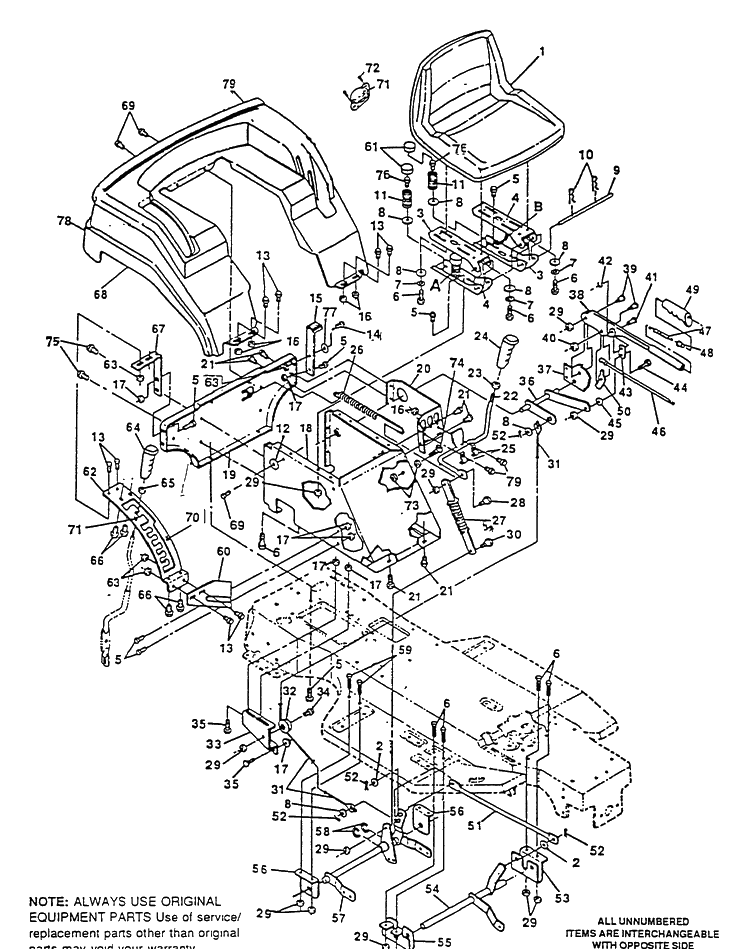 Chassis/Seat Diagram and Parts List for 4125G 1991-01 Husqvarna Lawn Mower
