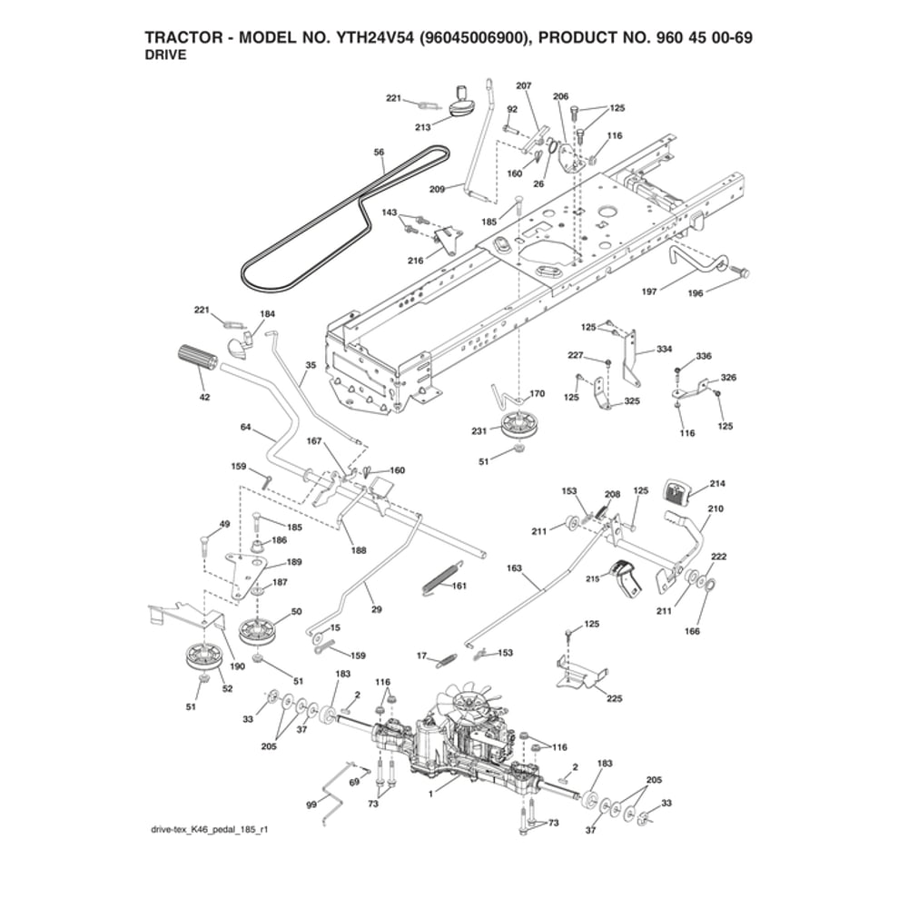 Drive Diagram and Parts List for 96045006900  Husqvarna Lawn Tractor