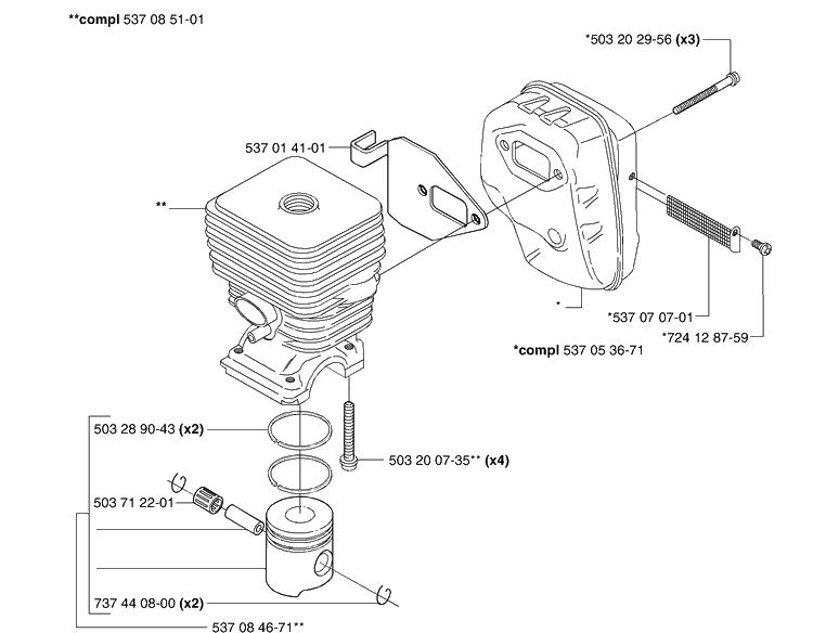 Piston / Cylinder / Muffler Diagram and Parts List for 326C (L-LX-RX)(E-Tech 2)(2002-02) Husqvarna Brush Cutter