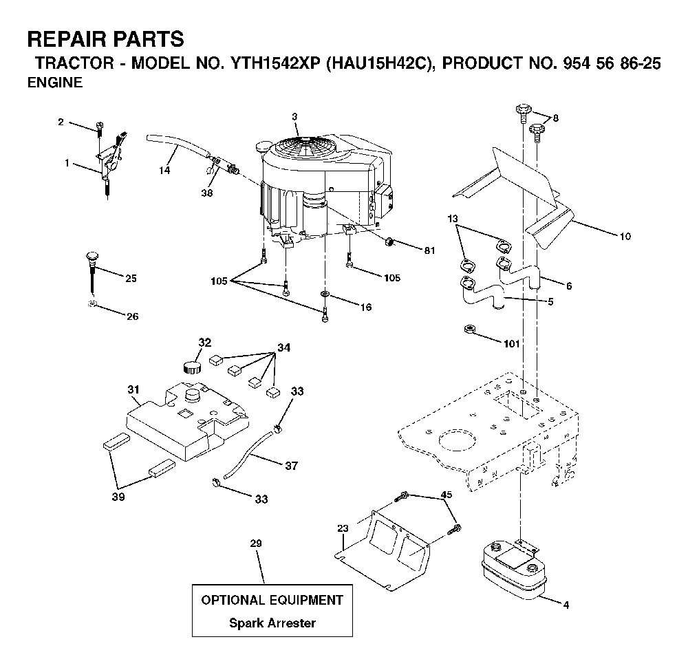 Engine Diagram and Parts List for YTH1542XP (HAU15H42C, 954568625)(2003-01) Husqvarna Lawn Tractor