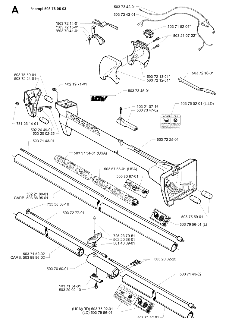 Shaft And Handle Diagram and Parts List for 225R 19962200001-19970500000 Husqvarna Brush Cutter
