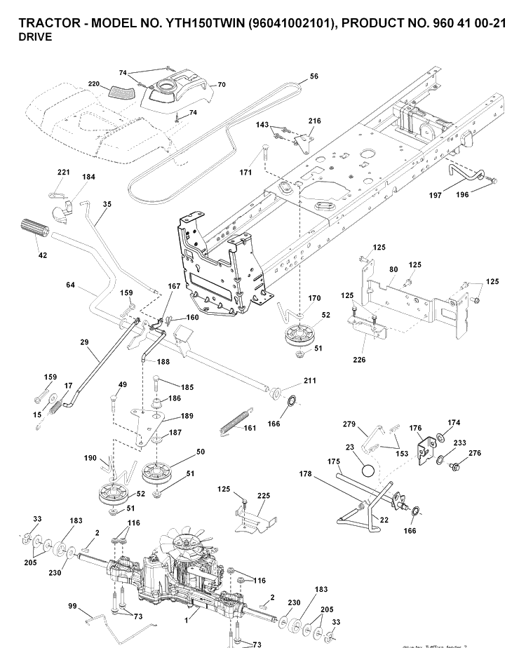 Drive Diagram and Parts List for YTH150 (96041002101)(2008-01) Husqvarna Lawn Tractor