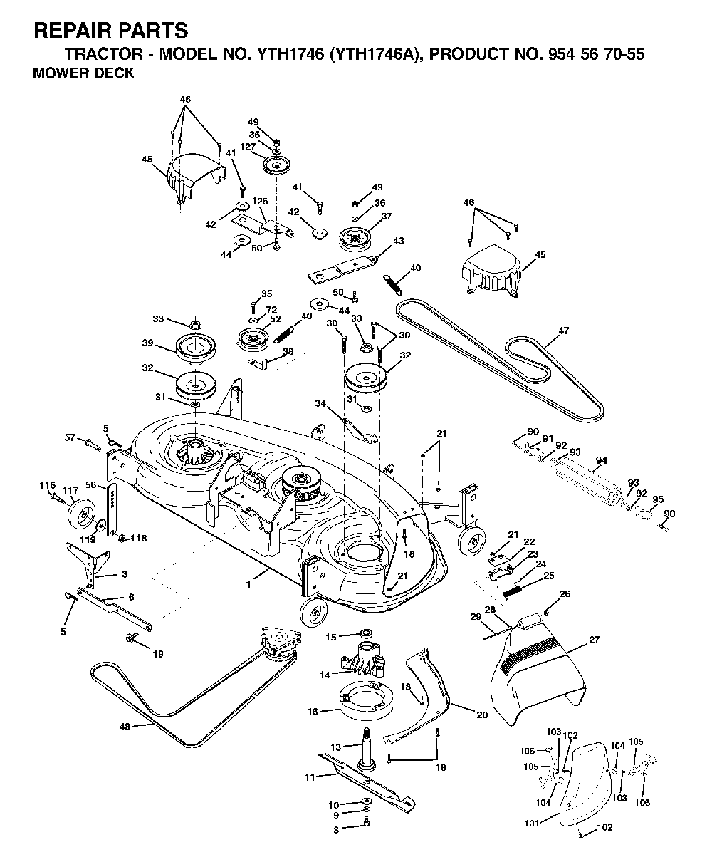 Mower Deck / Cutting Deck Diagram and Parts List for YTH1746A (954567055)(2000-11) Husqvarna Lawn Tractor