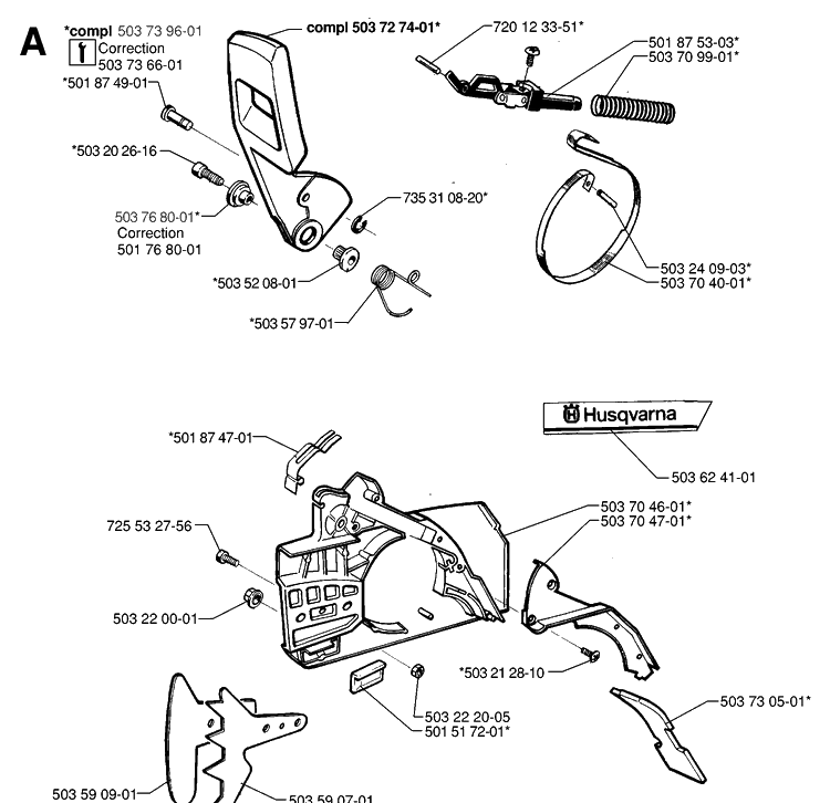Chain Brake Diagram and Parts List for 61 19970100001-19993100000 Husqvarna Chainsaw