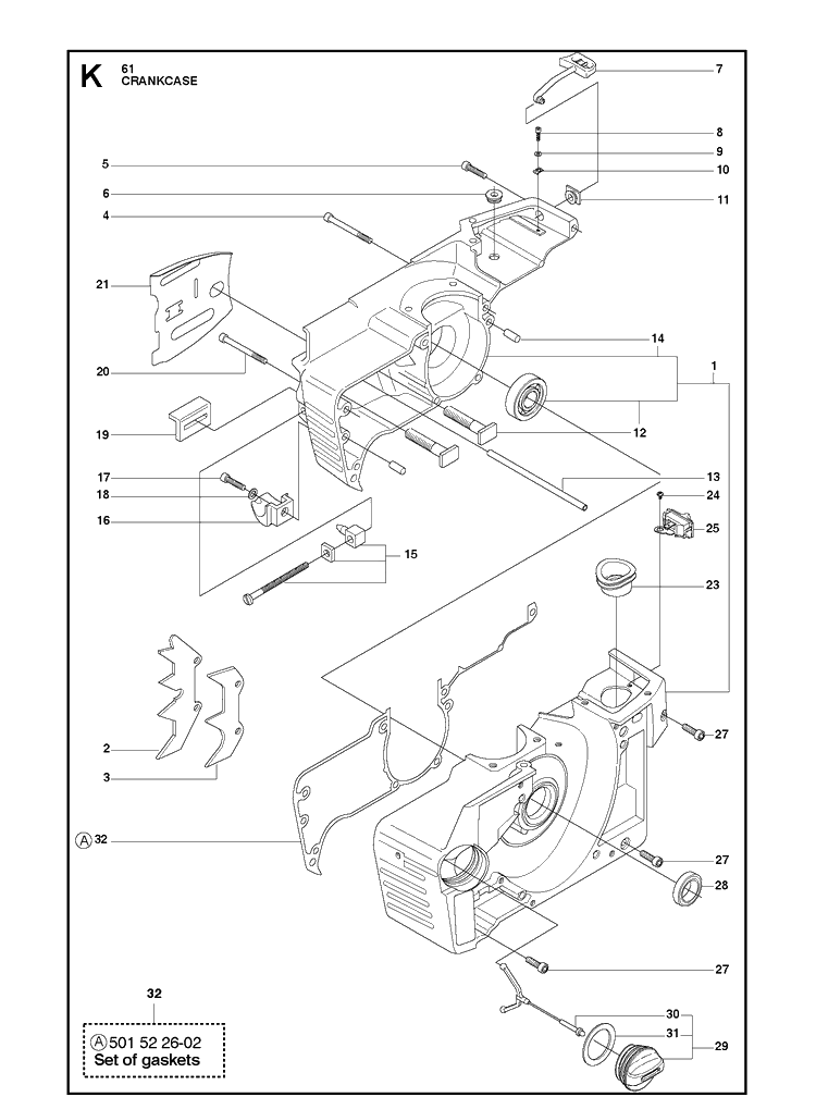 Crankcase Diagram and Parts List for 61  Husqvarna Chainsaw