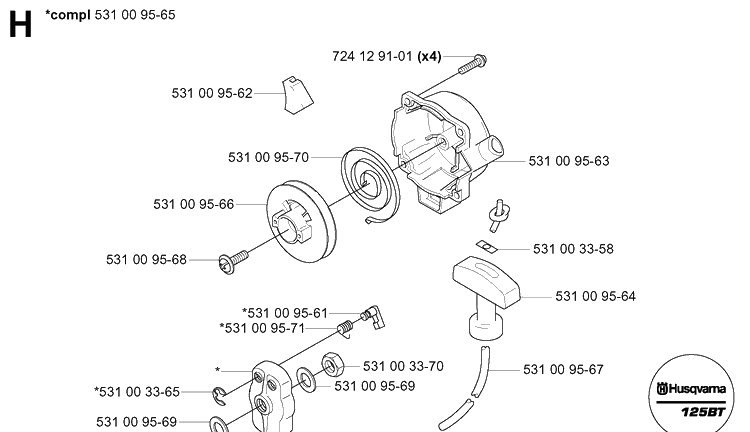 Starter Diagram and Parts List for 125BT (TH026D-AC57)(20041800001-Current) Husqvarna Leaf Blower / Vacuum