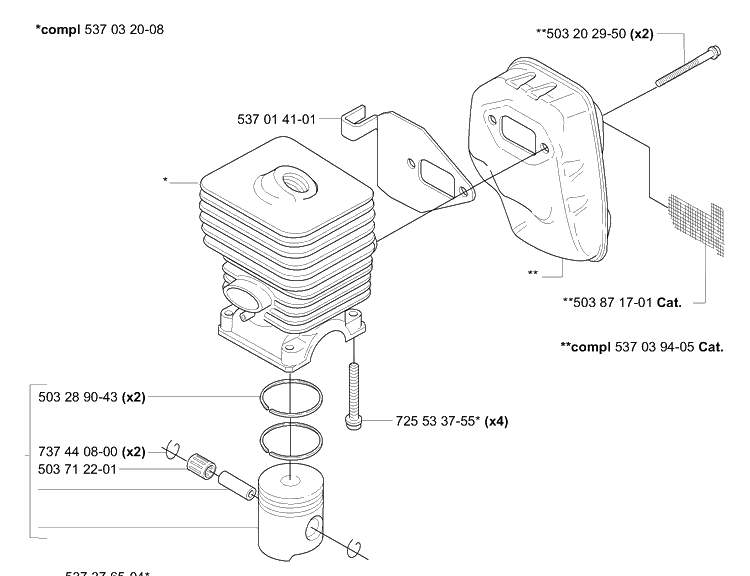 Piston / Cylinder / Muffler Diagram and Parts List for 323L 2006-04 Husqvarna Trimmer