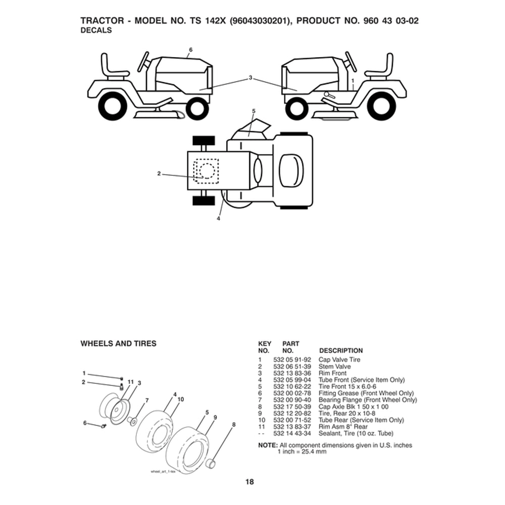 Decals Diagram and Parts List for TS142X-96043030201  Husqvarna Lawn Tractor