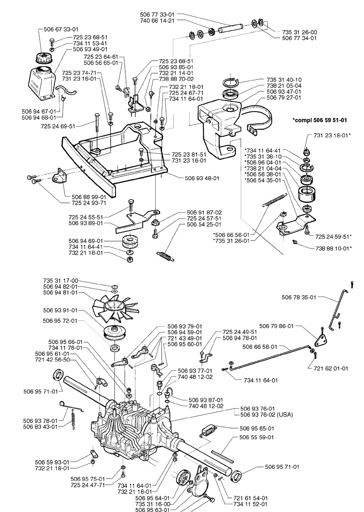Tank And Steering Assembly Diagram and Parts List for RIDER1200 1998-01 Husqvarna Lawn Mower