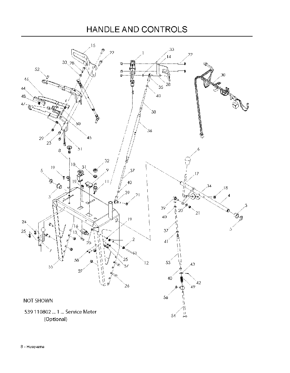 Handle And Controls Diagram and Parts List for WH3615966947001 2008-08 Husqvarna Lawn Mower