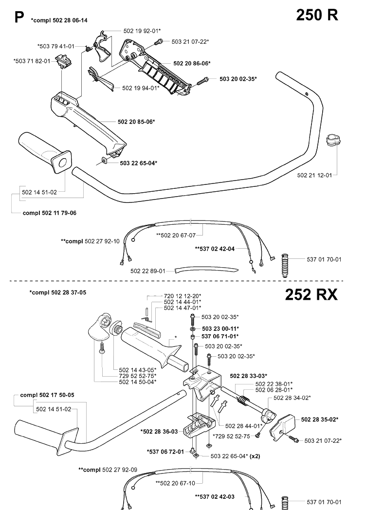 Handle And Controls Diagram and Parts List for 252RX 20011800001-20023100000 Husqvarna Brush Cutter