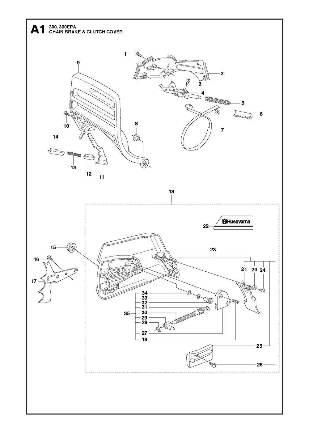 Chain Brake And Clutch Cover Diagram and Parts List for 390XP-390XPG 390 XP W - 390 XP GW Husqvarna Chainsaw