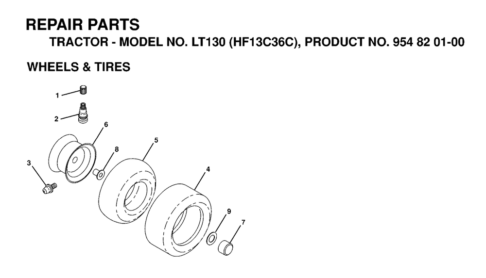 Wheels And Tires Diagram and Parts List for LT130 (954820100-C)(1998-12) Husqvarna Lawn Tractor