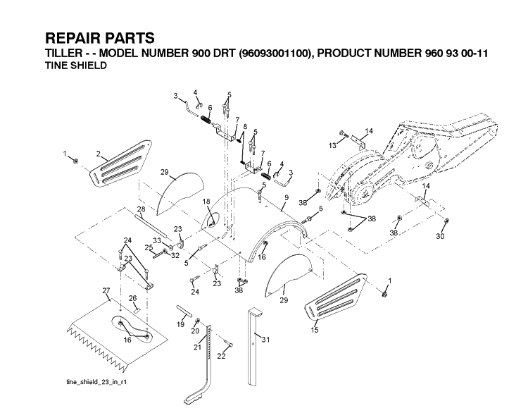 Tine Shield Diagram and Parts List for DRT900 (96093001101)(2010-10) Husqvarna Cultivator
