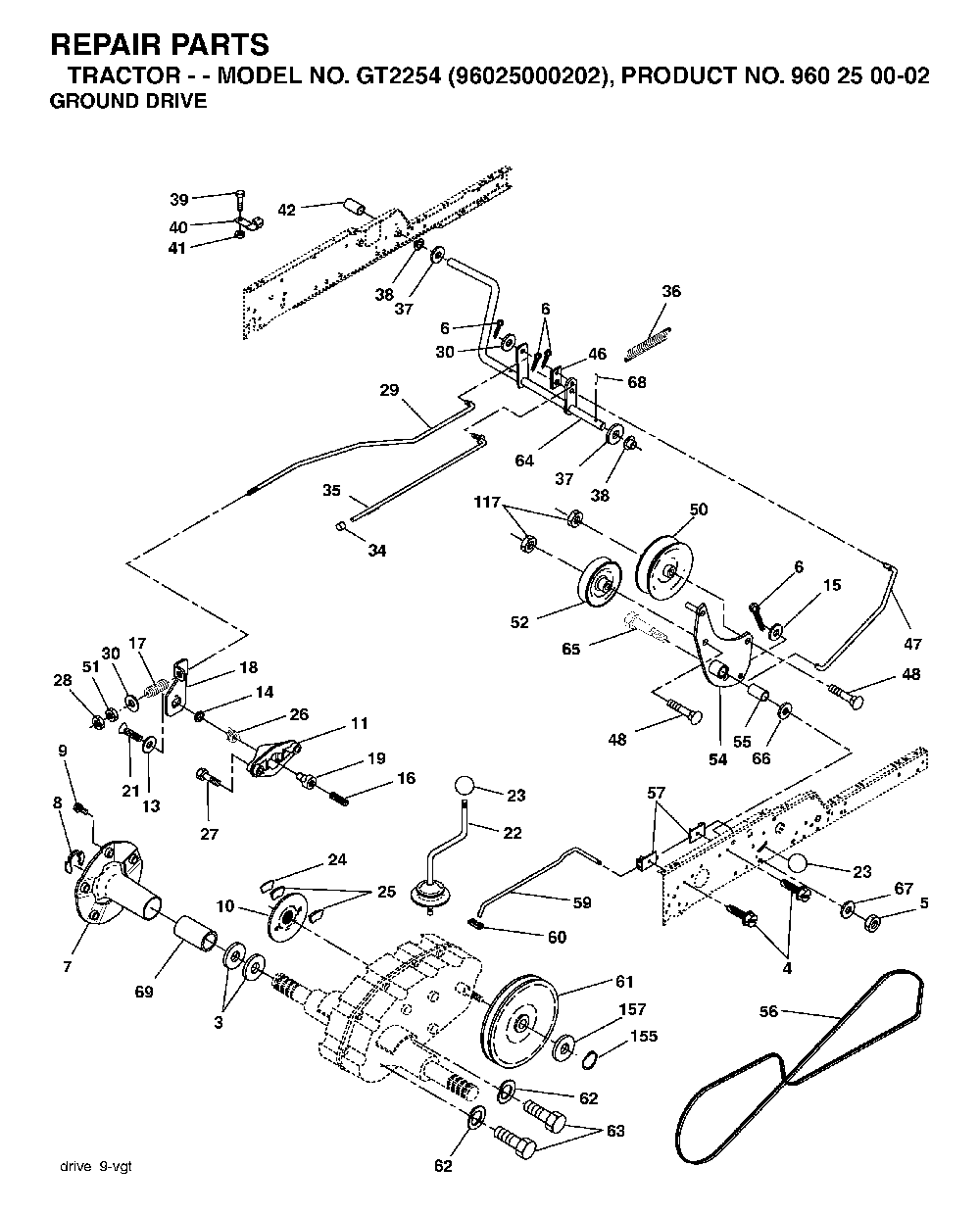 Drive Diagram and Parts List for GT2254 (96025000202)(2005-06) Husqvarna Lawn Tractor