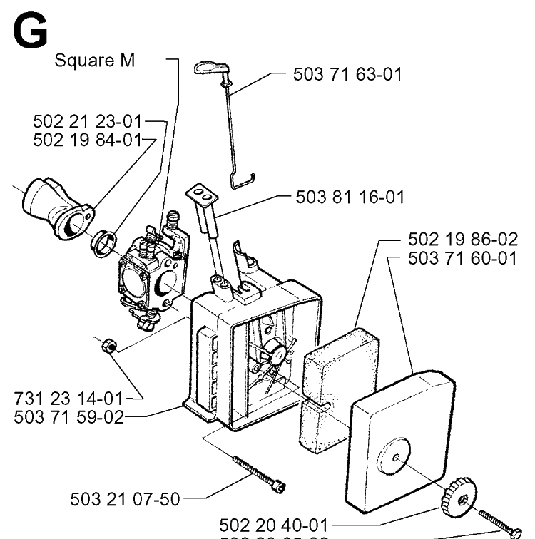 Carburetor And Air Filter Diagram and Parts List for 225BV 19970500001-Current Husqvarna Leaf Blower / Vacuum