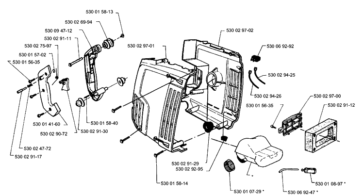 Handle / Engine Housing Diagram and Parts List for 132HBV 1991-11 Husqvarna Leaf Blower / Vacuum