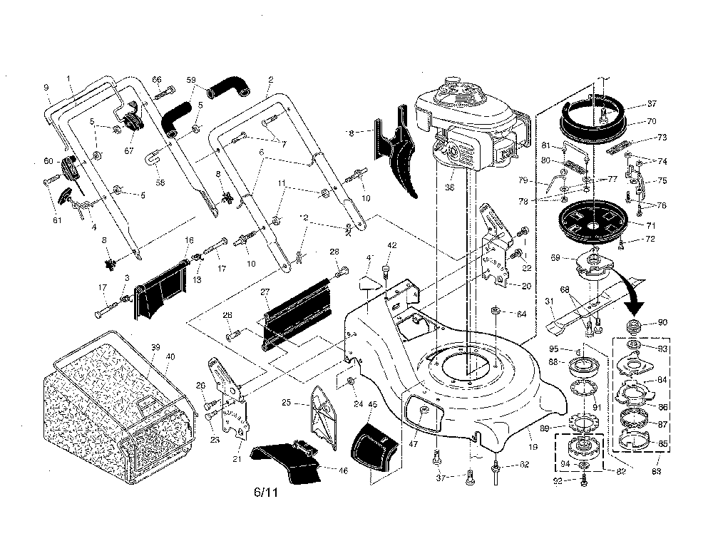 Engine/housing/handle Diagram and Parts List for 96143006700  Husqvarna Lawn Mower