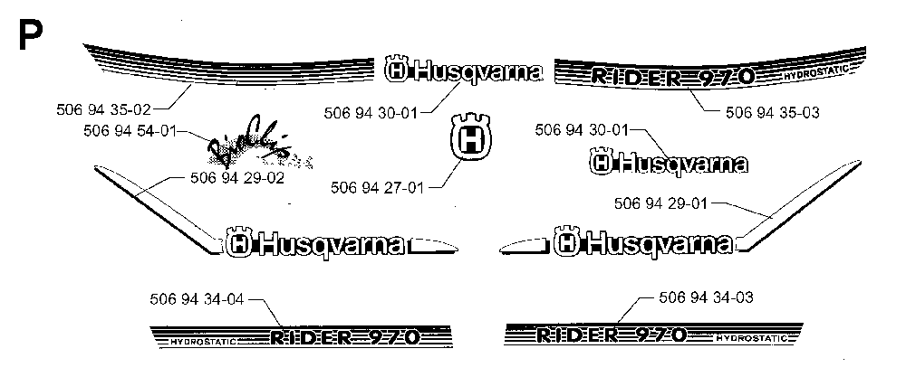 Decals Diagram and Parts List for RIDER970HSTBIOCLIP 1997-02 Husqvarna Lawn Tractor