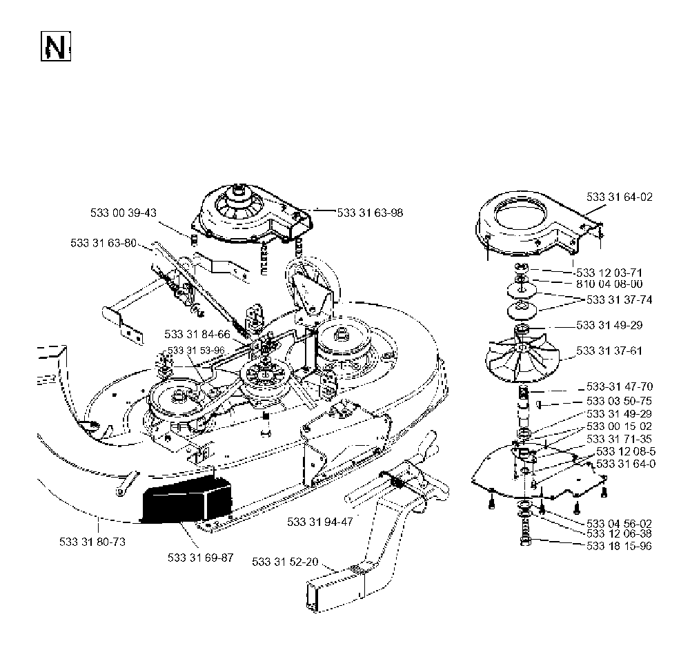 Mower Deck / Cutting Deck Diagram and Parts List for LT4140H 1995-03 Husqvarna Lawn Tractor