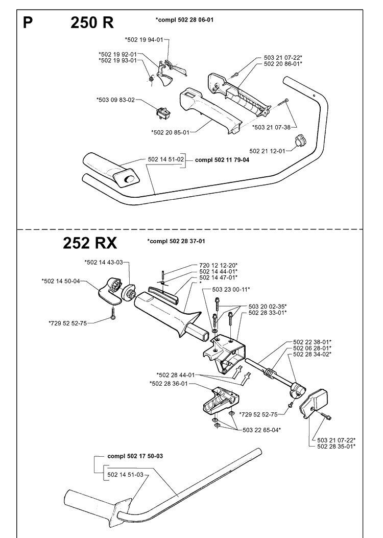 Handle And Controls Diagram and Parts List for 252RX 19991400001-20011800000 Husqvarna Brush Cutter