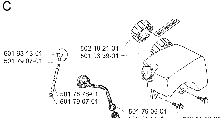 Fuel Tank Diagram and Parts List for 16H 1990-02 Husqvarna Hedge Trimmer