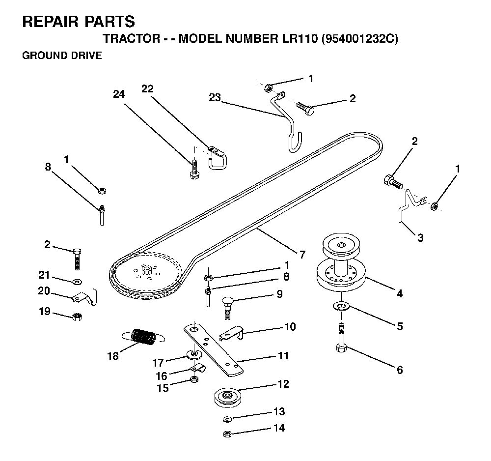 Drive Diagram and Parts List for LR110 (954001232C)(1995-08) Husqvarna Lawn Tractor