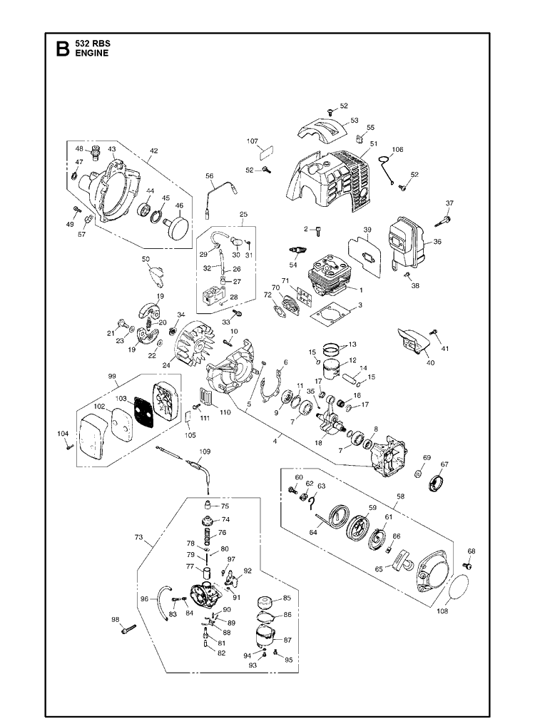 Engine Diagram and Parts List for 532RBS 20154700001-current Husqvarna Brush Cutter