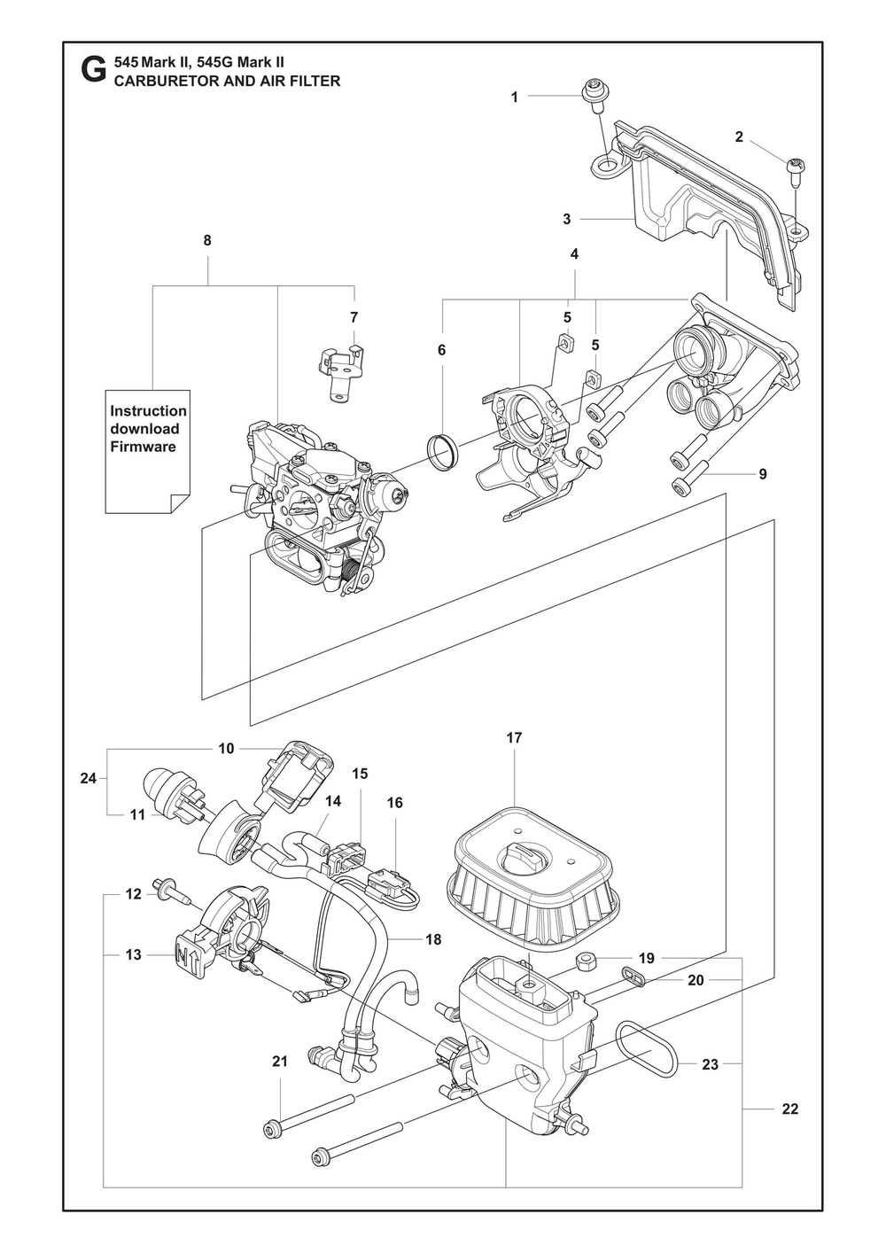 Carburetor And Air Filter Diagram and Parts List for 545GMARKII  Husqvarna Chainsaw