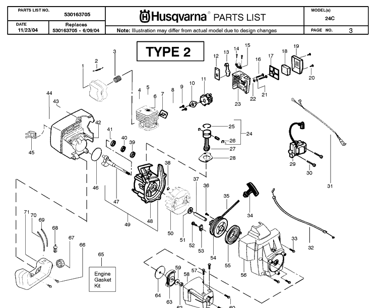Engine 2 Diagram and Parts List for 24C 20050600001-Current Husqvarna Edger