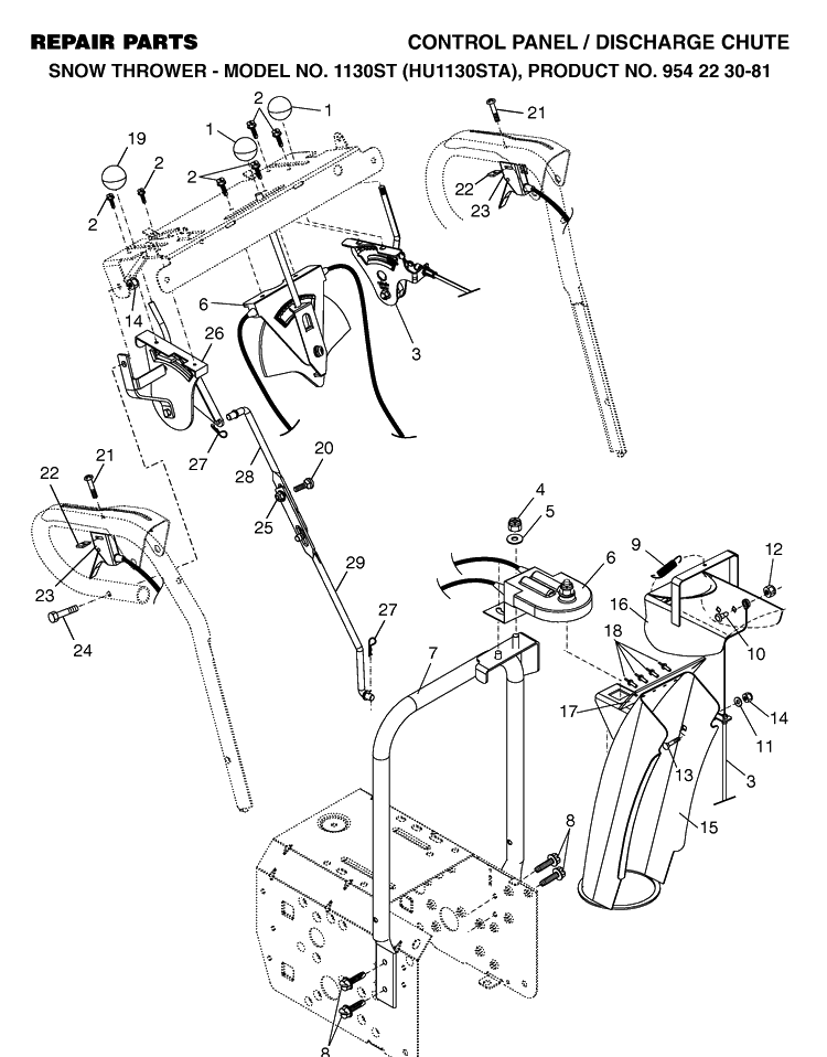 Control Panel And Discharge Chute Diagram and Parts List for 1130ST (HU1130STA)(2002-09) Husqvarna Snow Blower