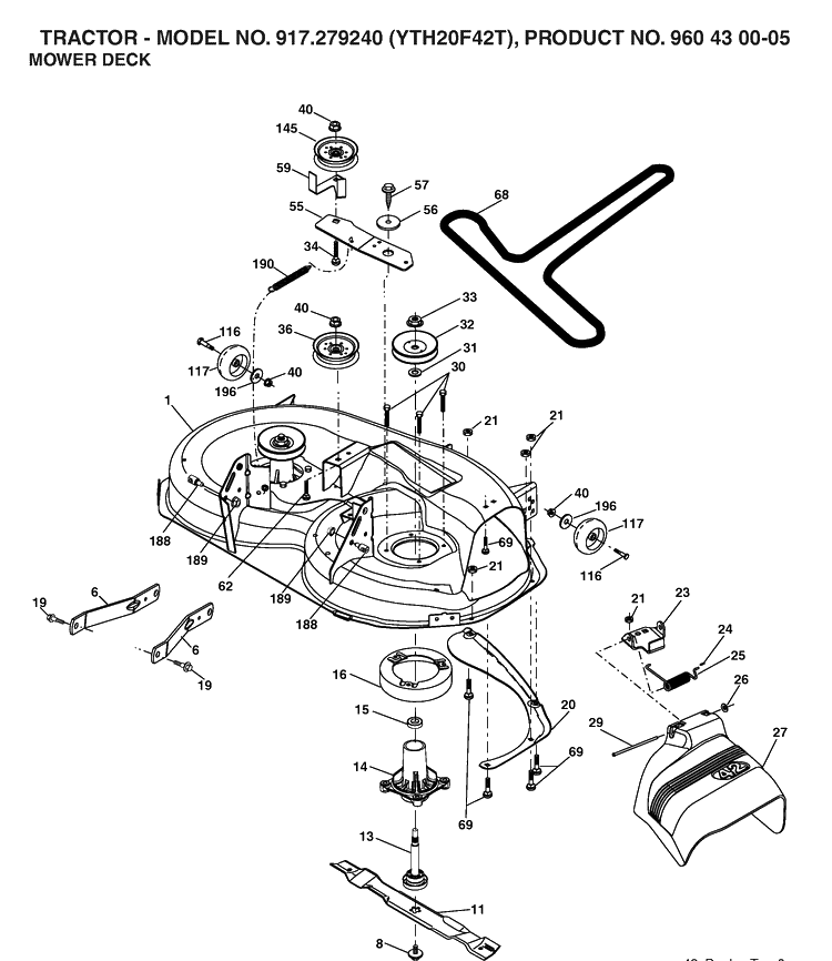 Mower Deck / Cutting Deck Diagram and Parts List for YTH20F42T (917279240)(2006-02) Husqvarna Lawn Tractor