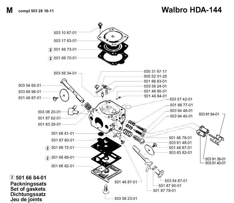 Carburetor Details Diagram and Parts List for 261 19981000001-19992399999 Husqvarna Chainsaw